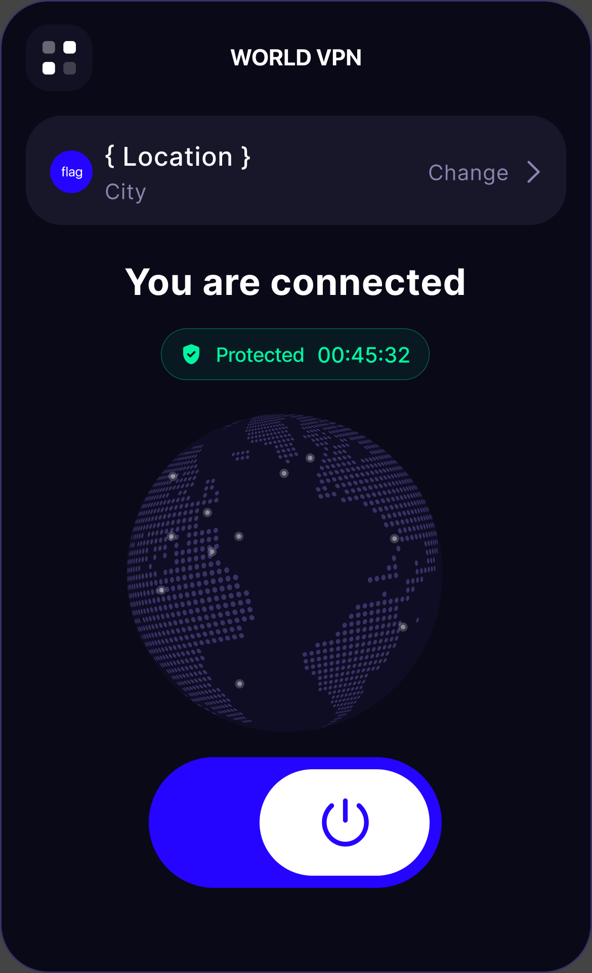 The World VPN app showing an active, protected connection